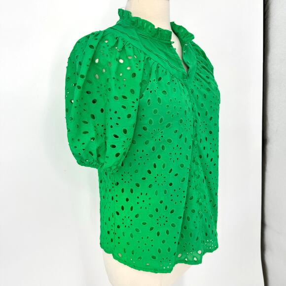 NWT Pretty Garden Eyelet Puff Sleeve Blouse Top Kelly Green Womens Size S - Picture 5 of 9
